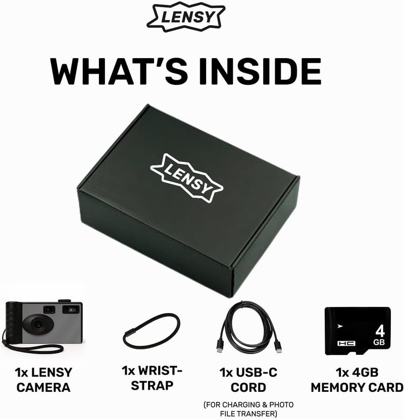 Lensy كاميرا رقمية بدون شاشة | أربعة فلاتر مدمجة | قابلة لإعادة الشحن، 8 ميجابكسل، خفيفة الوزن، بدون تركيز، فلاش تلقائي، سهلة الاستخدام، صور بأسلوب الفيلم الكلاسيكي (رمادي) - Image 3